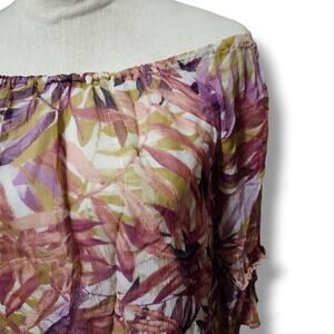 Lucky Brand Off-the-Shoulder Tropical Palm Print Sheer Blouse Top